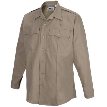 Product shot of a tan long-sleeve King Cross uniform shirt featuring button closures, two chest pockets with flaps, and a unique collar style