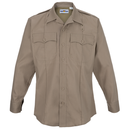 Product shot of a Flying Cross khaki long-sleeve shirt featuring button closures, two chest pockets, and a unique collar design.
