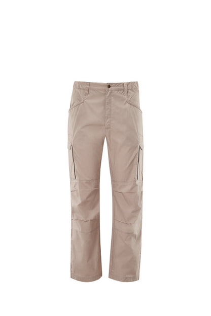 Product shot of beige cargo pants featuring multiple pockets and reinforced knees against a white background
