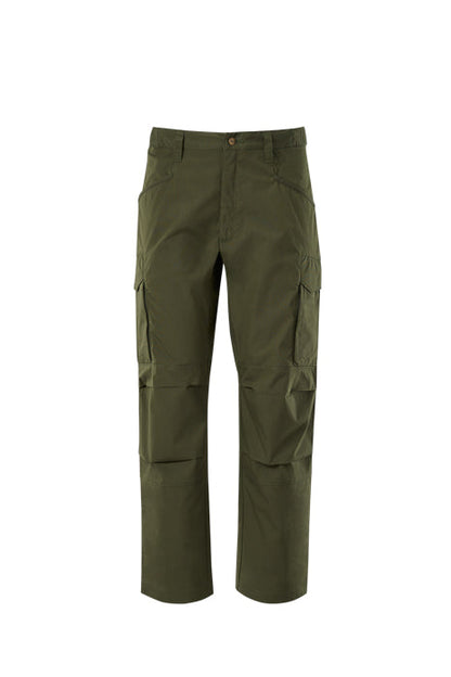 Product shot of olive green Fjällräven Abisko Trekking Trousers featuring multiple pockets reinforced knees and a comfortable fit
