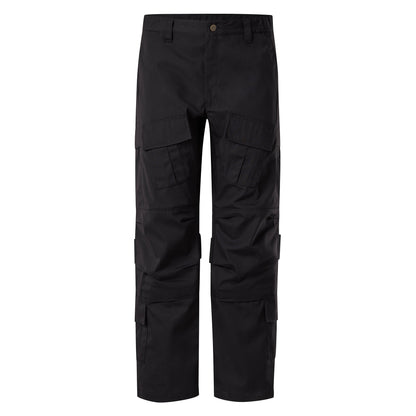 Product shot of black tactical pants with multiple pockets a button fly and a dark brown button detail showcasing durable fabric and a utilitarian design
