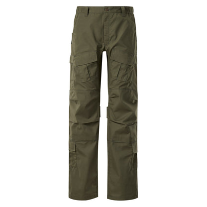 Product shot of olive green tactical cargo pants featuring multiple pockets, reinforced stitching, and a buttoned waistband

