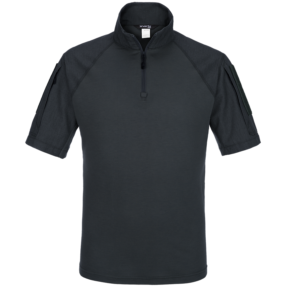 Product shot of a dark gray XVERT short-sleeve shirt featuring a half-zip closure, raglan sleeves and discreet pockets

