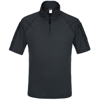 Product shot of a dark gray XVERT short-sleeve shirt featuring a half-zip closure, raglan sleeves and discreet pockets
