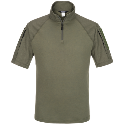 Product shot of a XVERTEX olive green short sleeve shirt featuring a half zip closure, raglan sleeves and small velcro patches on the arms
