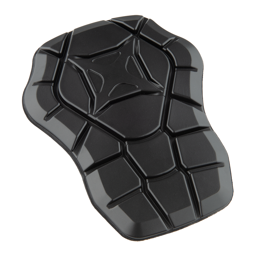Product shot of a black, molded plastic protective pad with a geometric honeycomb pattern and central X-shaped design showing glossy surface and slightly curved edges
