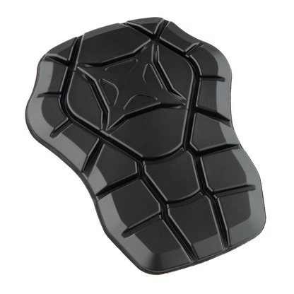 Product shot of a black, molded plastic protective pad with a geometric honeycomb pattern and central X-shaped design showing glossy surface and slightly curved edges
