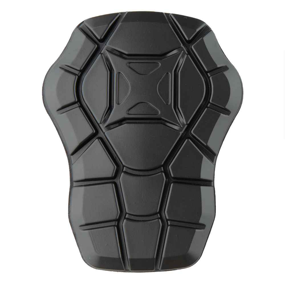 Product shot of a black protective pad with a honeycomb-like design featuring a central X-shaped detail and glossy surface showing subtle reflections
