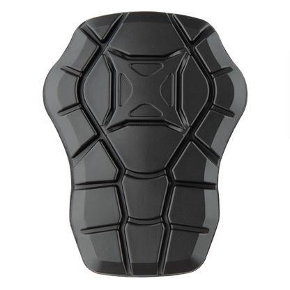 Product shot of a black protective pad with a honeycomb-like design featuring a central X-shaped detail and glossy surface showing subtle reflections
