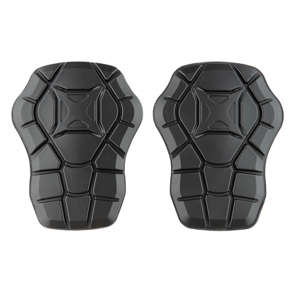 Product shot of two black protective pads featuring a textured honeycomb pattern central cross design and a glossy finish

