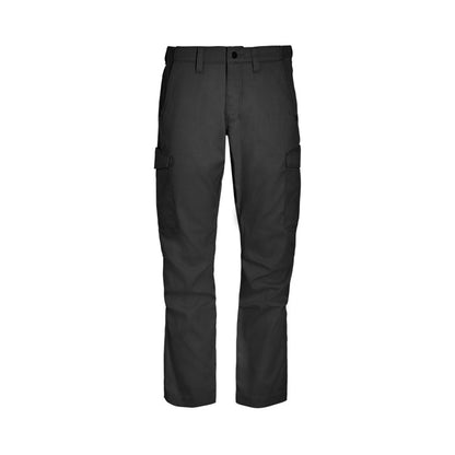 Product shot of black tactical cargo pants featuring a button fly and two side cargo pockets with subtle creasing and a dark matte finish
