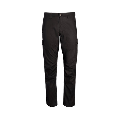 Product shot of black cargo pants featuring a button closure, two side pockets, and subtle creasing at the knees and cuffs
