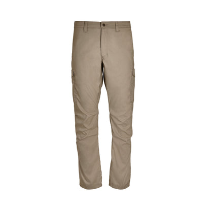 Product shot of khaki cargo pants featuring a button fly, two side pockets, and subtle texture with a neutral beige color
