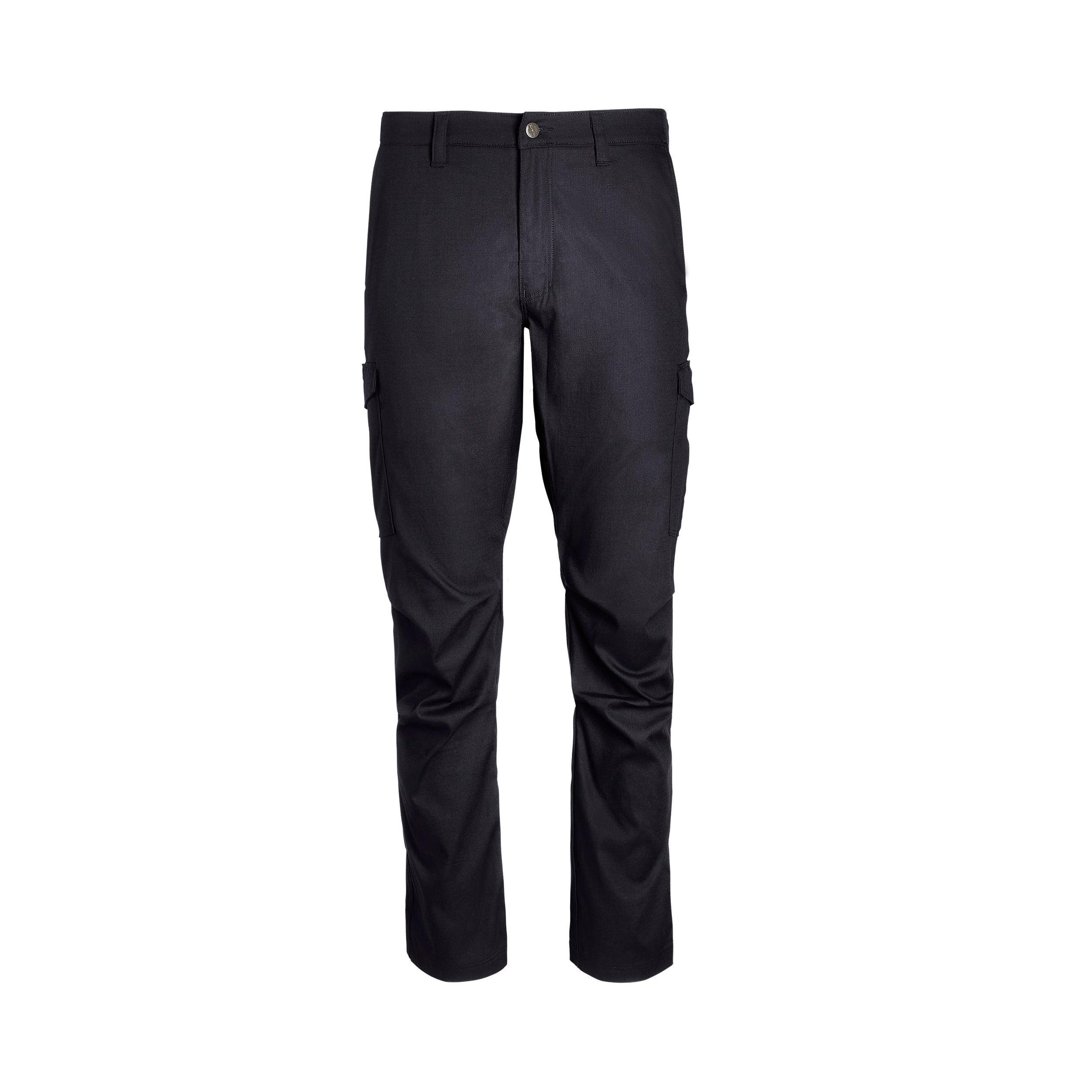 Product shot of dark-colored cargo pants featuring two side pockets a buttoned waistband and subtle creasing at the legs