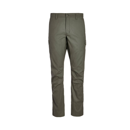 Product shot of olive green cargo pants featuring a button fly and two side pockets with subtle texture and stitching details
