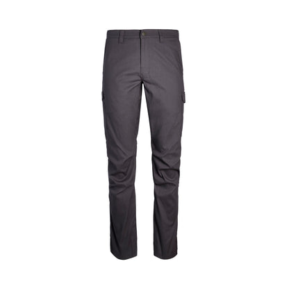 Product shot of dark gray cargo pants featuring a buttoned waist, two side pockets, and subtle textural details in the fabric
