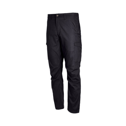 Product shot of black cargo pants featuring a button fly and multiple pockets showing subtle texturing and a slight crease at the knee

