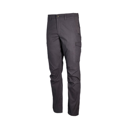 Product shot of dark gray cargo pants showing button fly and side pockets against a white background
