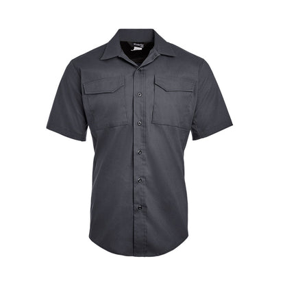 Product shot of a dark gray short-sleeved Xervån button-down shirt featuring two chest pockets and a slightly curved hemline showcasing a textured fabric and dark buttons
