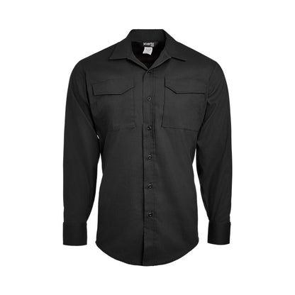 Product shot of a black XVERTEX long-sleeve shirt featuring two chest pockets and button-down cuffs showing a solid, dark fabric and a small brand label on the collar