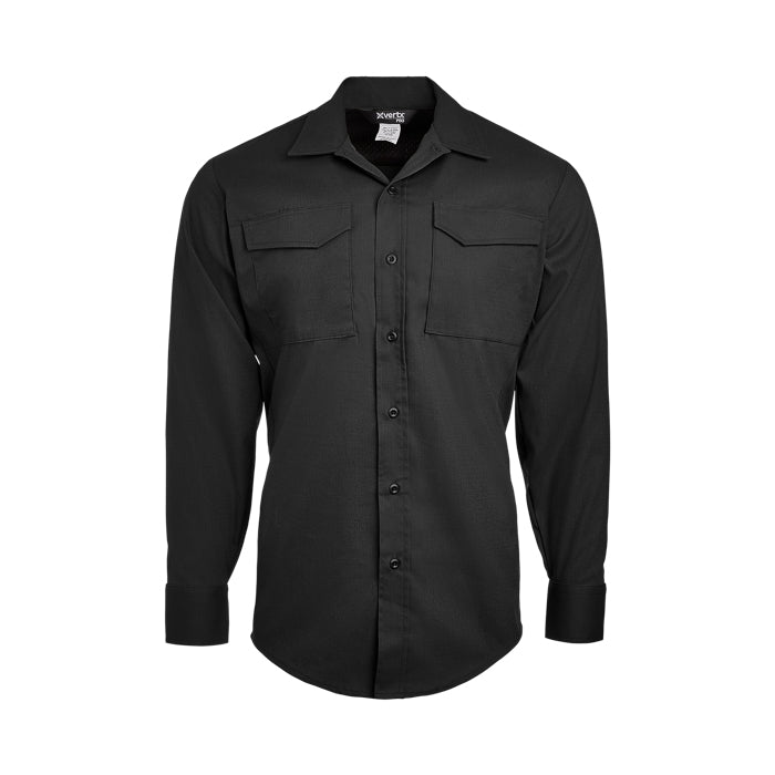 Product shot of a black XVERTEX long-sleeve shirt featuring two chest pockets and button-down cuffs showing a solid, dark fabric and a small brand label on the collar