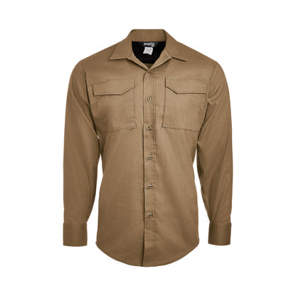 Product shot of a tan Xerta long-sleeve button-down shirt featuring two chest pockets and slightly rounded cuffs showing a subtle texture and a dark brand label

