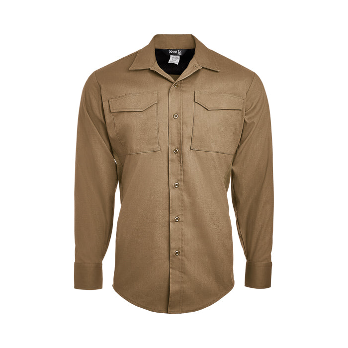 Product shot of a tan Xerta long-sleeve button-down shirt featuring two chest pockets and slightly rounded cuffs showing a subtle texture and a dark brand label
