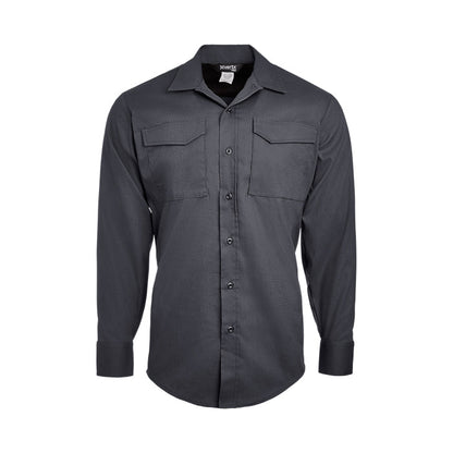 Product shot of a dark gray Xvertx long-sleeve shirt featuring button-down closure and two chest pockets showing subtle texture and a branded tag

