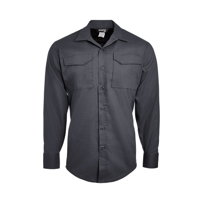 Product shot of a dark gray Xvertx long-sleeve shirt featuring button-down closure and two chest pockets showing subtle texture and a branded tag

