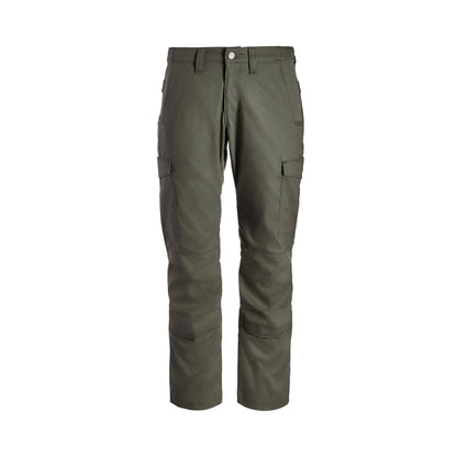Product shot of olive green tactical pants featuring multiple pockets, reinforced knees, and a buttoned waistband
