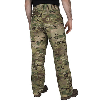 Product shot of camouflage pants featuring a  multicam pattern with adjustable cuffs and reinforced knees against a white background
