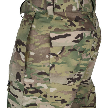 Close-up product shot of camouflage pants featuring a back pocket and subtle variations in green brown and tan hues showcasing a sturdy fabric and secure zipper detail
