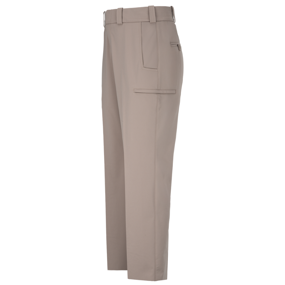 Product shot of beige women's pants featuring a belted waist, a side pocket, and subtle seam details
