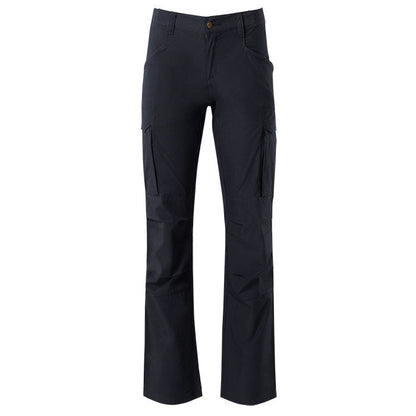 Product shot of dark navy blue cargo pants featuring multiple reinforced pockets and a classic straight leg design
