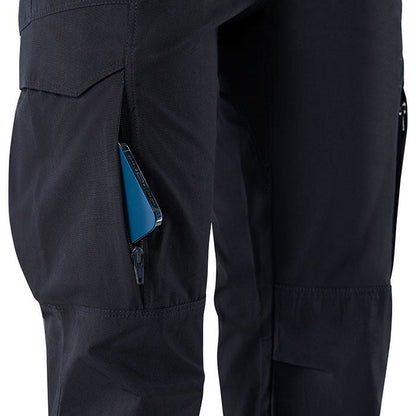 Close-up product shot of black Fjällräven trousers showcasing a zippered pocket with a teal smartphone detailed stitching and reinforced knee patches
