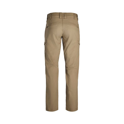Product shot of tan cargo pants showing a rear view with a  belt loop detail and two side cargo pockets  
