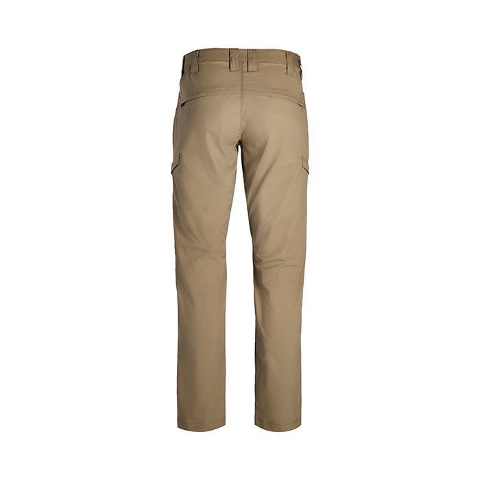 Product shot of tan cargo pants showing a rear view with a  belt loop detail and two side cargo pockets  
