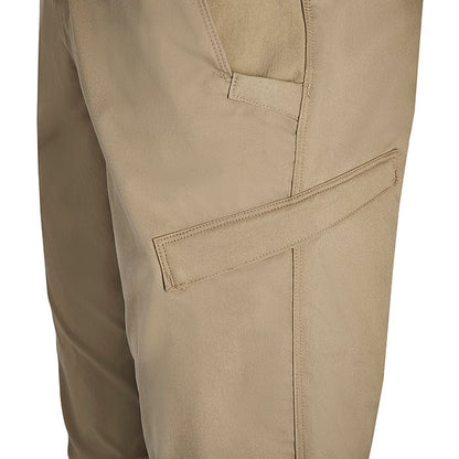 Close-up of khaki pants showcasing multiple pockets and detailed stitching featuring a unique flap design and subtle contrasting thread color
