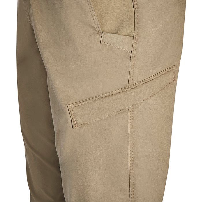 Close-up of khaki pants showcasing multiple pockets and detailed stitching featuring a unique flap design and subtle contrasting thread color
