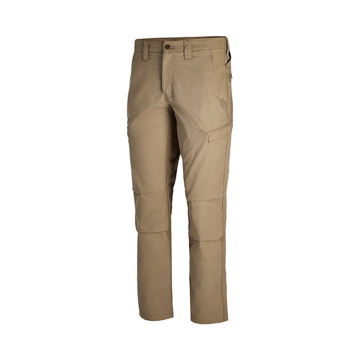 Product shot of tan tactical pants showing reinforced knees and multiple pockets against a white background

