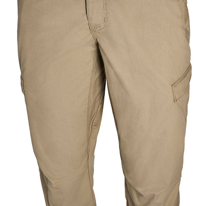 Close-up of tan cargo pants showing a side cargo pocket and subtle stitching details

