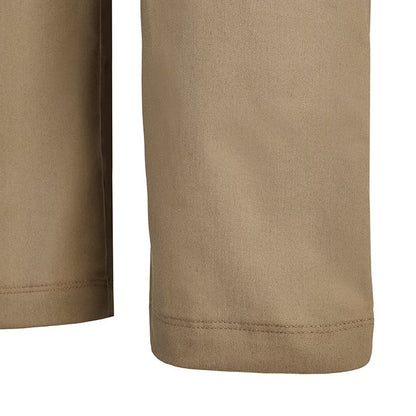 Close-up of khaki fabric showing subtle texture and a double stitched hem
