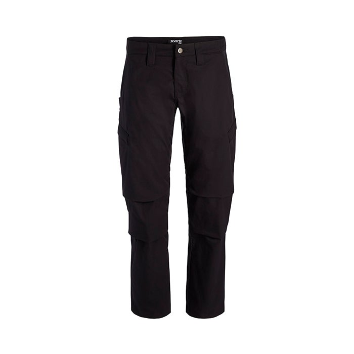 Product shot of Xvert brand black tactical pants featuring multiple cargo pockets and a button fly
