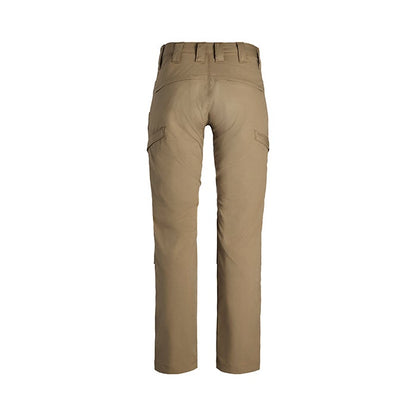 Product shot of tan women's tactical pants featuring multiple pockets and a comfortable, durable design
