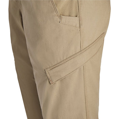 Close-up of khaki tactical pants showing detailed stitching, a unique angled cargo pocket, and subtle tan accents on the seams
