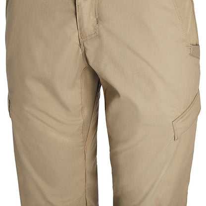 Close-up product shot of tan women's cargo pants showing a button fly, reinforced stitching, and multiple pockets