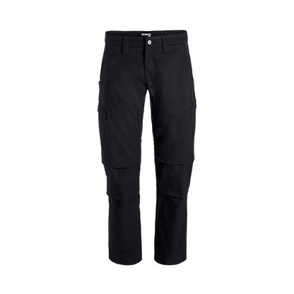 Product shot of Xvert black tactical pants featuring multiple cargo pockets and a buttoned waistband against a white background
