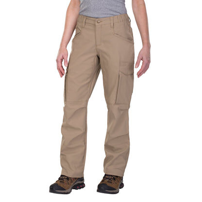 Product shot showing khaki tactical pants with multiple pockets and brown hiking boots against a white background