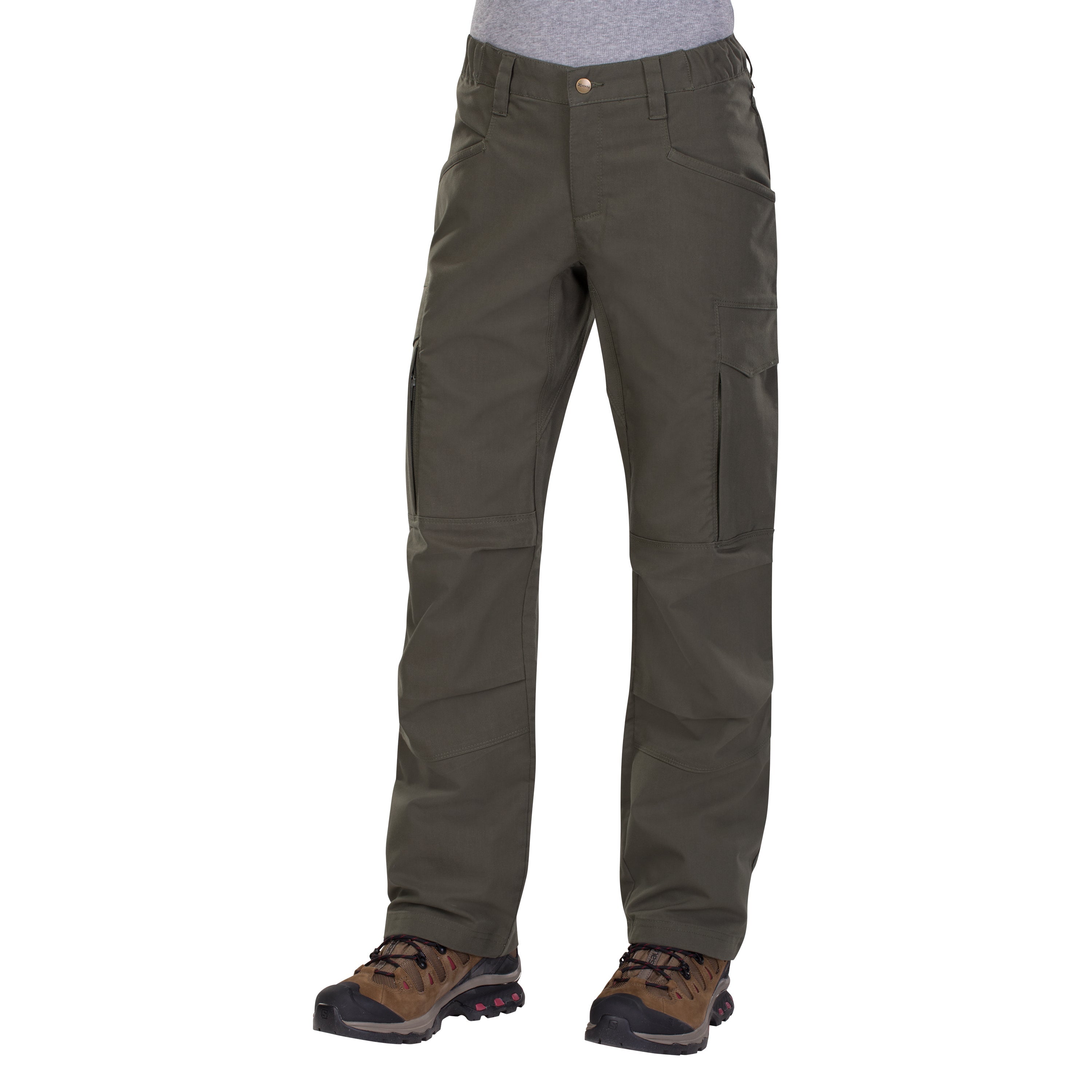 Product shot of olive green cargo pants with multiple pockets and brown hiking boots featuring red accents and a dark sole
