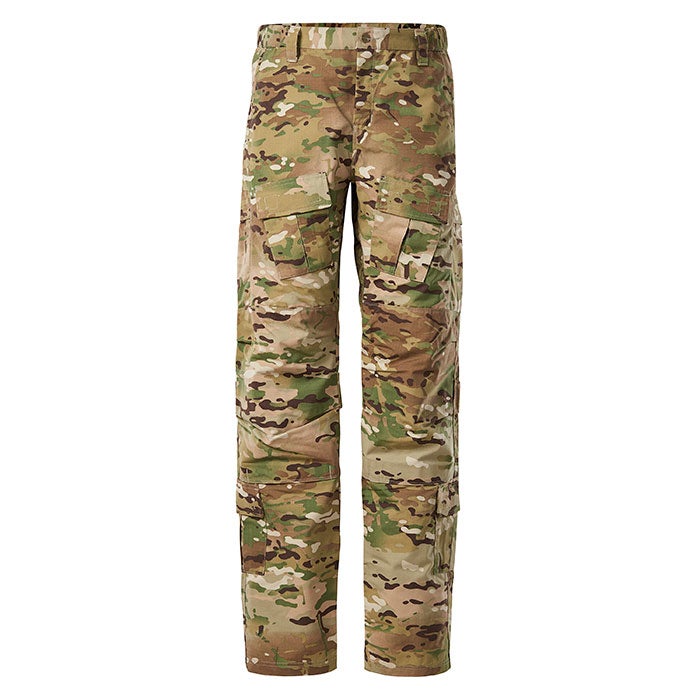 Product shot of camouflage pants featuring multiple pockets and a muted color palette of greens browns and tans
